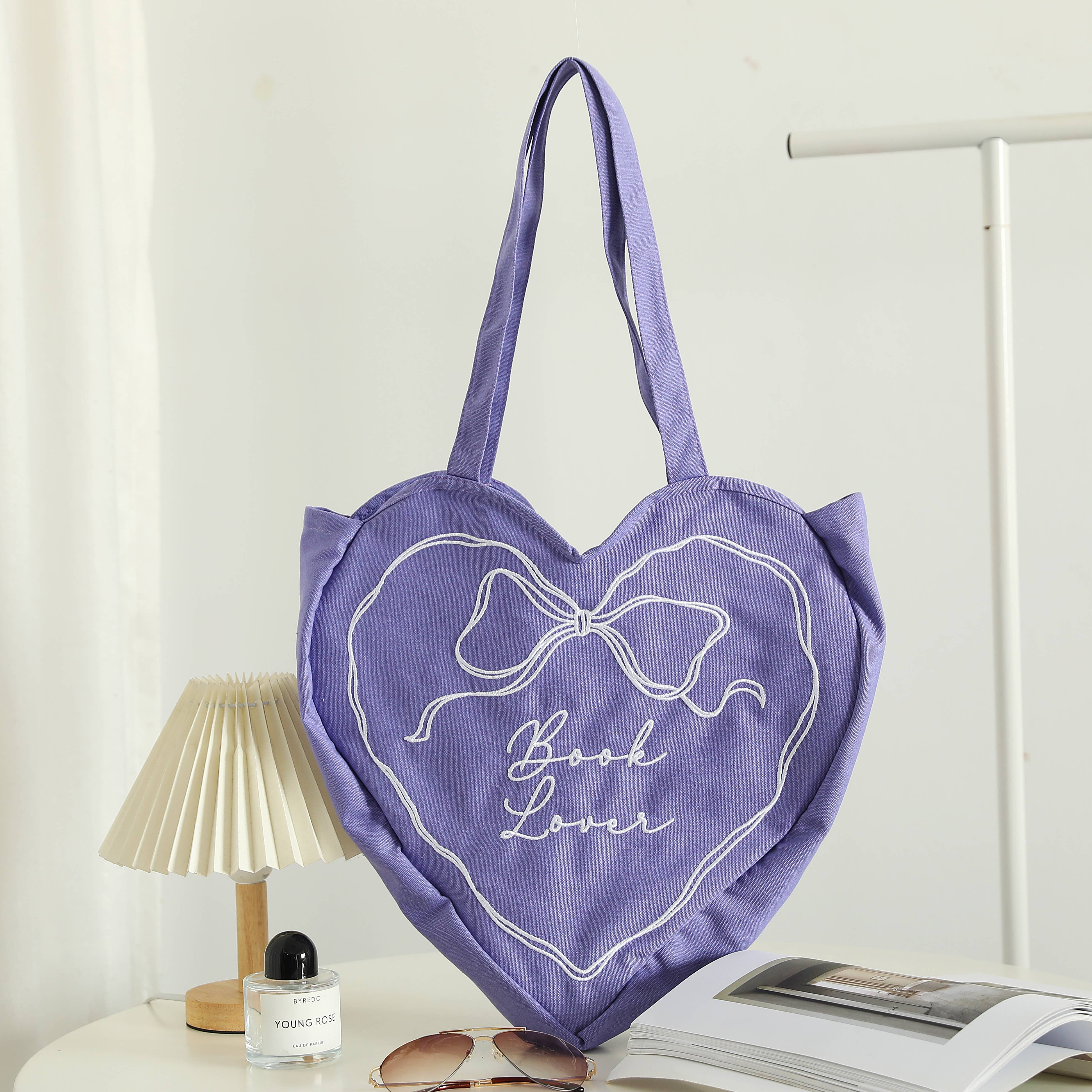 Book Lover Heart Embroidered Tote Bag, Reader Bag, Bookish