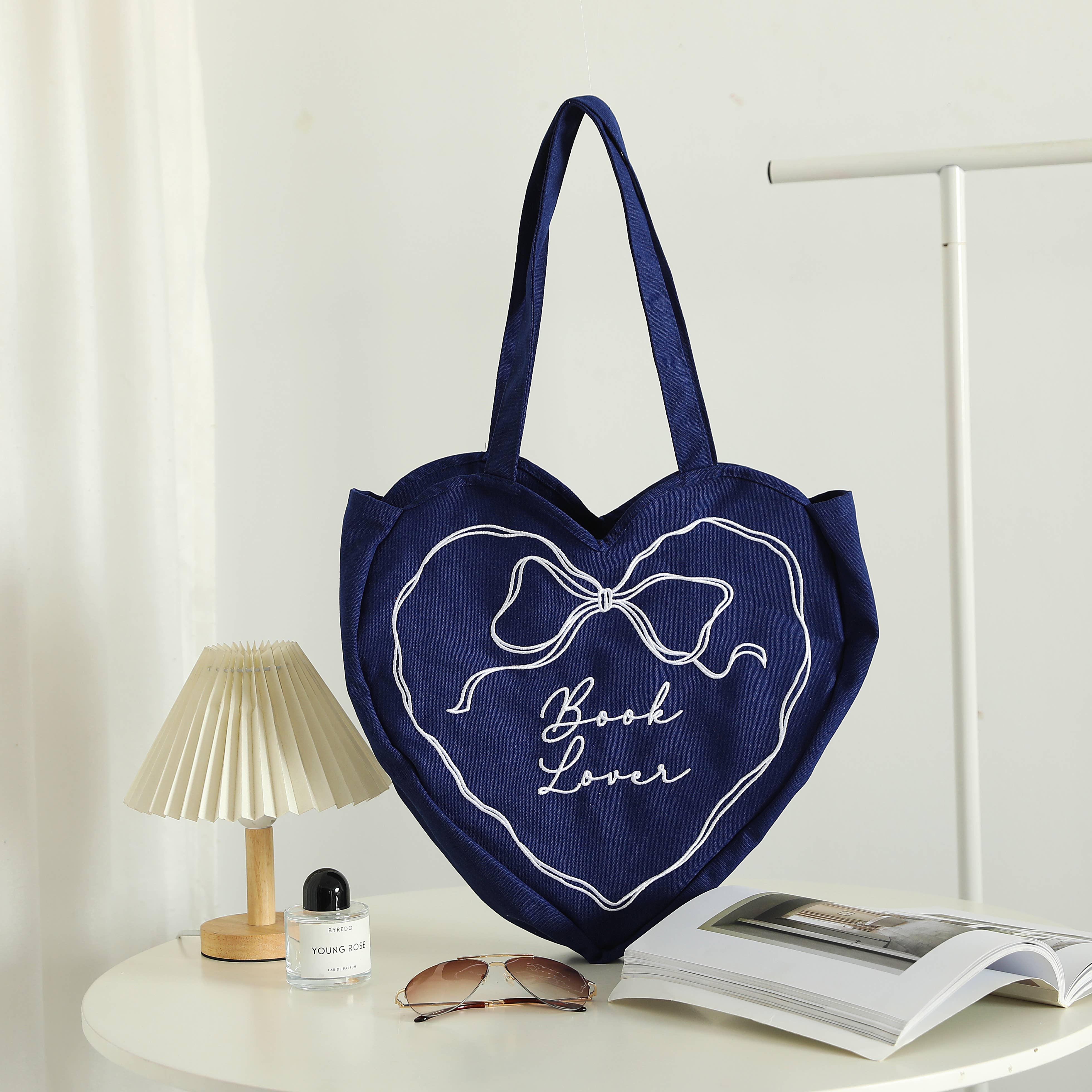 Book Lover Heart Embroidered Tote Bag, Reader Bag, Bookish