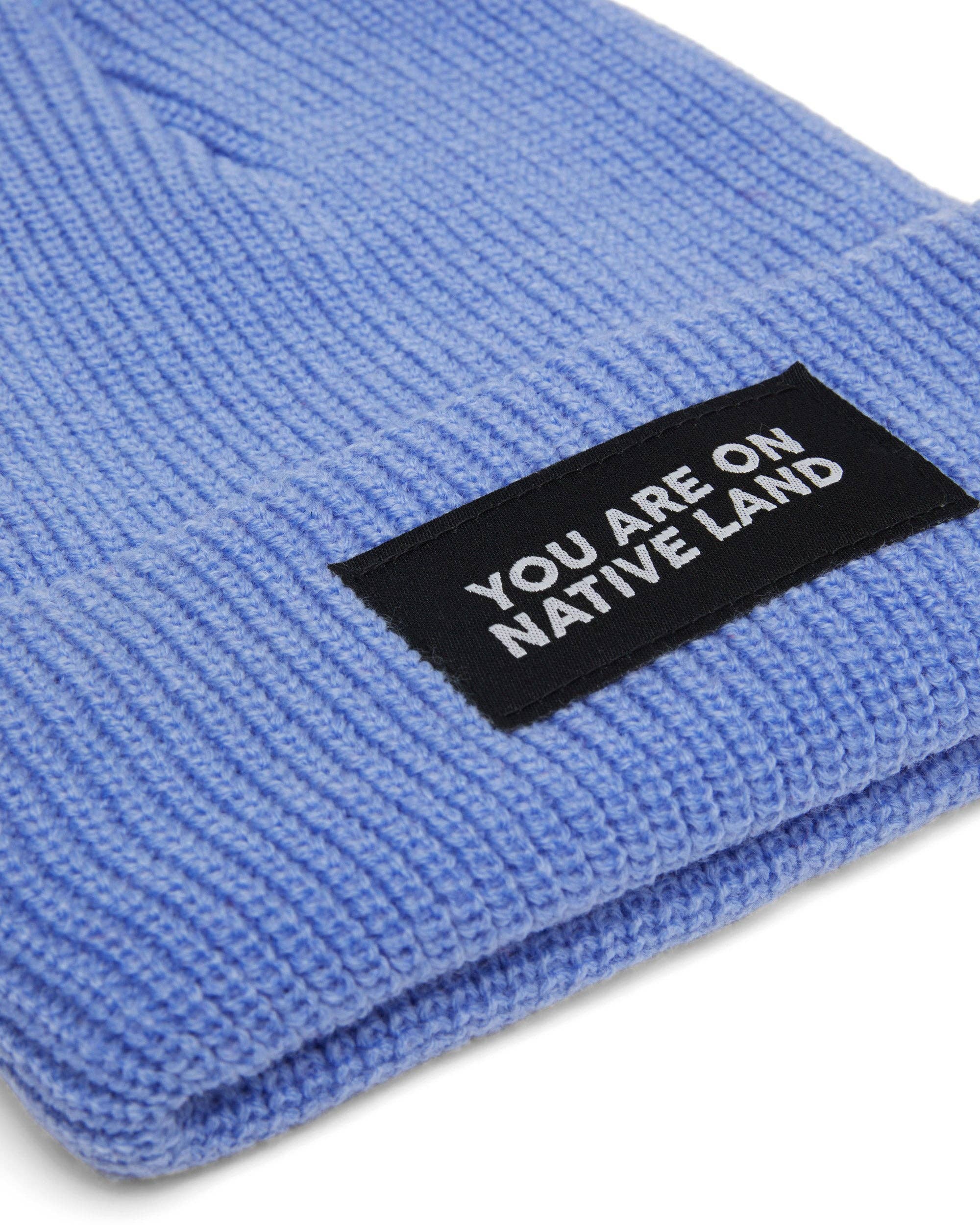 'YOU ARE ON NATIVE LAND' RIBBED BEANIE - SLATE BLUE