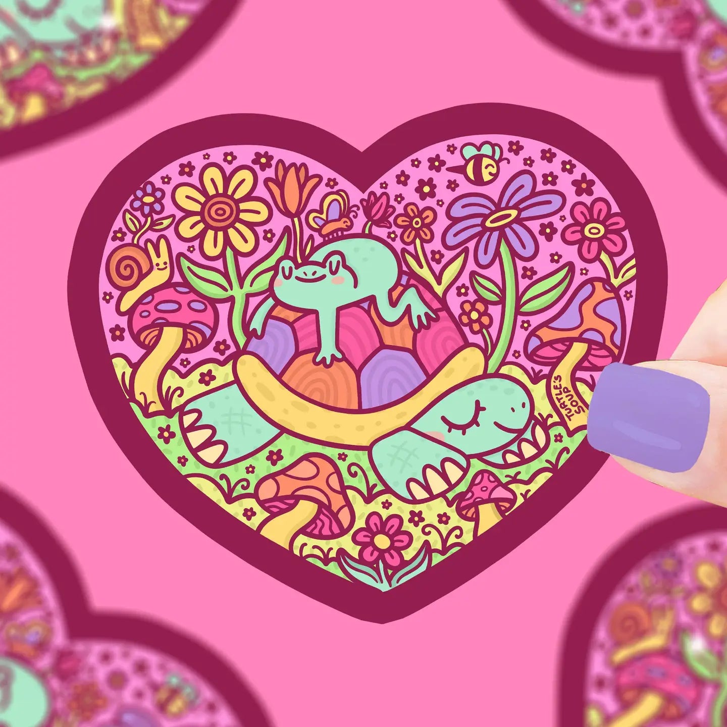Sleepy Turtle and Frog Heart Valentines Vinyl Sticker
