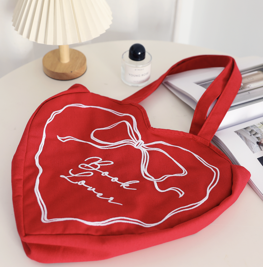 Book Lover Heart Embroidered Tote Bag, Reader Bag, Bookish